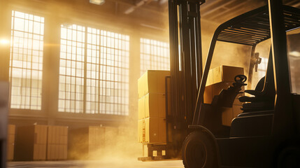 Forklift moving boxes in a sunlit warehouse during the early morning hours