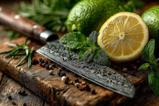 sharp kitchen knife resting on wooden cutting board, rich brown and gray tones, soft lighting enhancing textures,