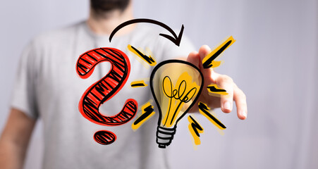 Visualizing the process of ideation and problem-solving. A hand points from a red question mark to...