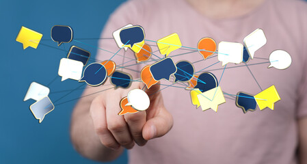 Hand pointing at floating message bubbles, conveying social media, networking, and digital communication, and i