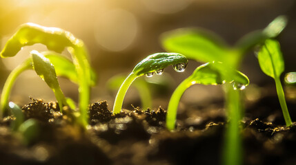 New green seedlings sprouting from rich soil under morning sunlight with droplets of water glistening