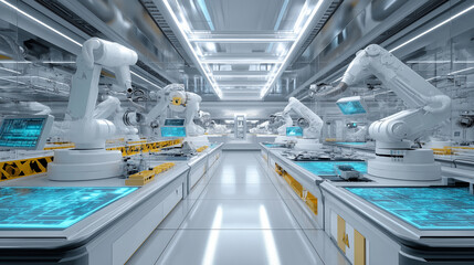 Advanced robotics laboratory, robotic arms assembling components, illuminated screens, futuristic clean industrial environment, high-tech sterile design.