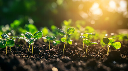 New green seedlings sprouting in garden soil under warm sunlight during spring season