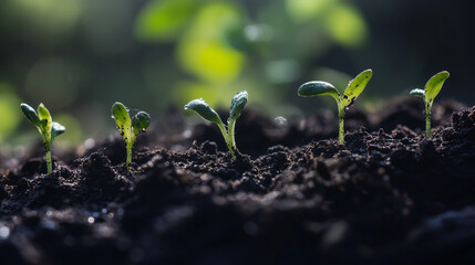 New green sprouts emerge from dark, rich soil in a garden during springtime sunlight