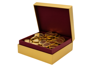 Treasure chest with gold coins isolated on transparent background