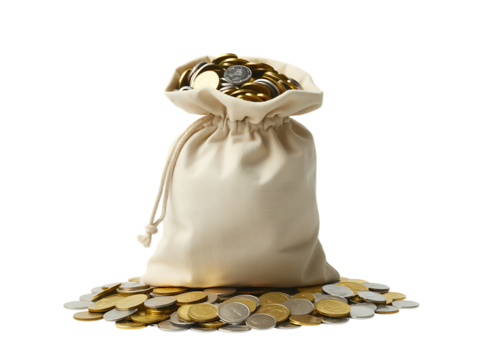 Bag full of gold coins isolated on transparent background, treasure concept