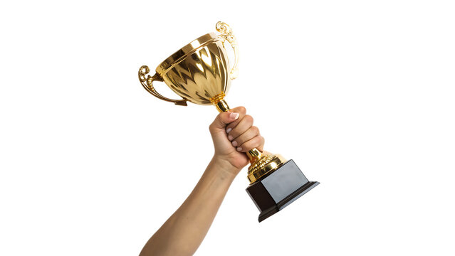 Hand holding a golden trophy cup champion celebration cut out on PNG. AI GENERATED.