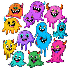 Colorful slime monsters with bright expressions gather joyfully, each bursting with personality through vivid hues, goofy faces, and wiggly dripping shapes.