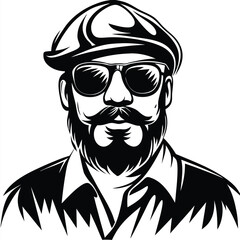 Confident man with beard, wearing cap and dark sunglasses boasts stylish retro look