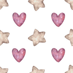 Watercolor seamless pattern with pink hearts and beige stars. Illustration for nursery decor baby shower Valentines Day, childrens textiles wrapping paper wallpapers and cute gift packaging.