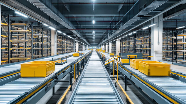 Automated warehouse sorting system, scanning machines, conveyor belts, organized shelves, overhead lighting, modern logistics technology.
