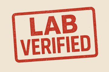 Rectangular seal LAB VERIFIED bold geometric faded ink texture red tone realistic pressure marks