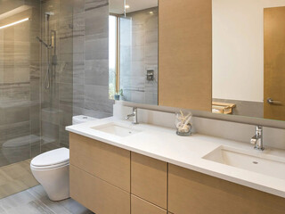 Modern bathroom interior in minimal scandinavian style, 3d render
