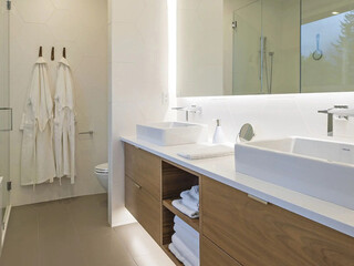 Modern bathroom interior in minimal scandinavian style, 3d render
