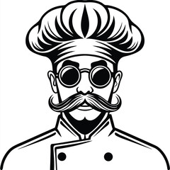 A serious chef with a striking mustache and sunglasses wears his classic uniform