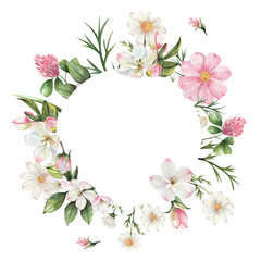 Round watercolor flower frame with space for text. White apple blossoms, pink cosmos, clover, daisies, green leaves. Isolated on a white background. Illustration for invitations, postcards, cards.