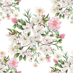Seamless watercolor floral pattern. White apple blossoms, pink cosmos, clover, daisies, green leaves. Isolated on a white background. Illustration for textiles, wallpaper, wrapping paper.