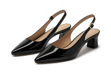 Elegant black slingback pumps isolated on transparent background, modern shoes