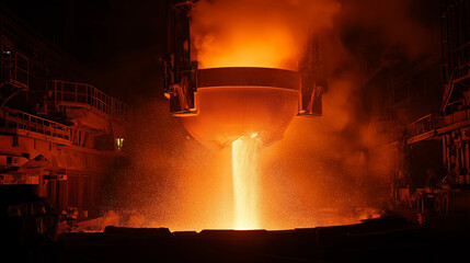 Heavy industrial foundry, molten metal pouring from giant ladle, glowing orange light, sparks, intense heat, realistic gritty textures.