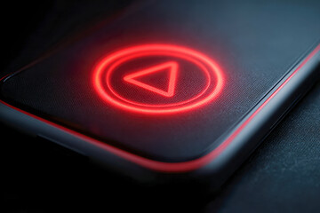 Glowing red triangular power button illuminated on a sleek modern black electronic device in a dark setting with soft lighting and reflective textures