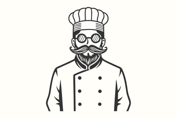 Bearded chef wearing glasses stands with a friendly gaze and classic uniform
