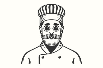 Focused bearded chef wearing glasses with a traditional toque looks straight ahead in monotone