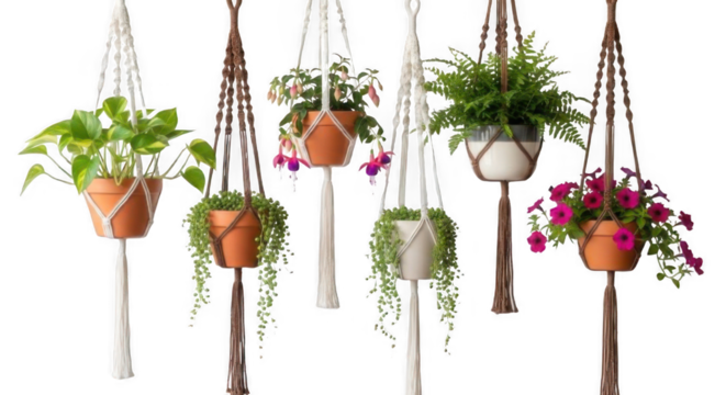 A collection of six assorted houseplants in terracotta and ceramic pots suspended by decorative macrame plant hangers.