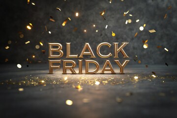 Golden "Black Friday" text with falling confetti, celebrating big sales and discounts.