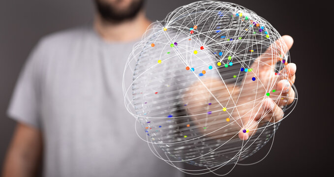 Business concept, person holding a digital sphere, global network, internet, connection, technology, social media and communication worldwide. - Powered by Adobe