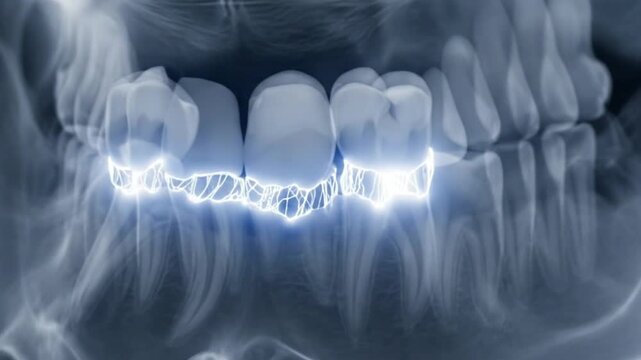 3D Animation of Toothache and Nerve Pain on Dental X-ray. Panoramic Radiograph of Jaw and Teeth. Medical Concept for Dentistry