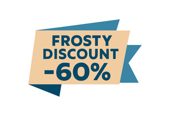 Flat vector banner design text Frosty Discount 60% bold geometric font blue and beige palette ribbon folded shape
