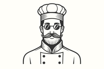 Illustrated chef with mustache and sunglasses is wearing a chef's hat and coat