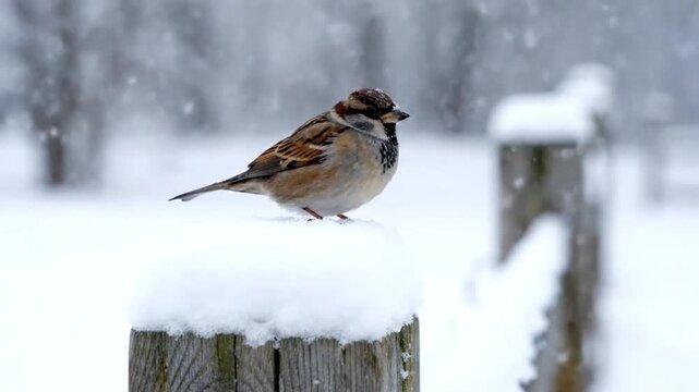 A small sparrow perches on a snow-covered wooden post during a winter snowfall.