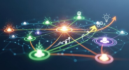 Network connecting people and ideas represents business growth innovation and digital transformation with glowing nodes symbolizing collaboration data analysis and strategic development driving futur