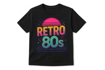 Black t-shirt featuring 'Retro 80s' design isolated on a transparent background.