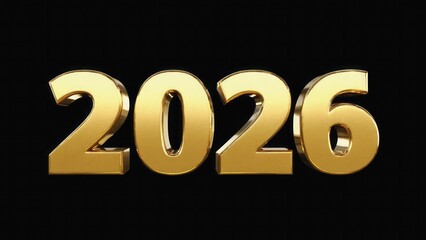  Golden 3D &ldquo;2026&rdquo; with reflections on a clean black background, crisp and detailed 