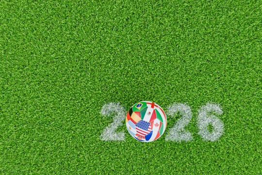 International soccer events concept. A soccer ball covered with American, Mexican, Canadian, Spanish, German, French, Argentinian, Brazilian, Croatian, English flags embedded in the number 2026.