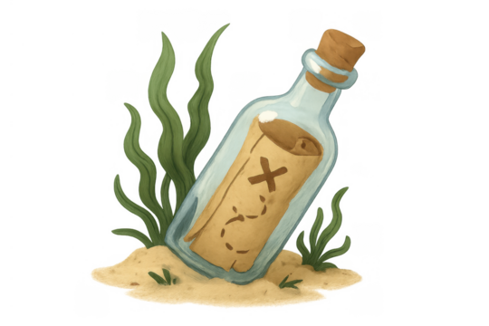 Message in a bottle with a treasure map on the ocean floor, discovering lost pirate secrets or forgotten adventures