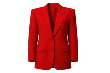 Vibrant red women's blazer, elegant attire, isolated on transparent background.