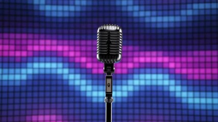 Retro style microphone on a stand with a background of glowing blue and purple pixels, evoking a disco party and celebrating vintage music culture for a karaoke night or concert event