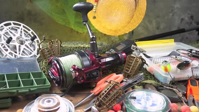 Fishing tackle is laid out on a wooden background, slowly moving along a horizontal plane. Fishing tackle for fun.