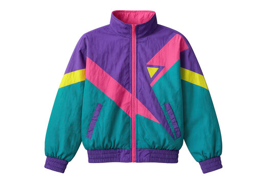 Vibrant 80s style windbreaker jacket isolated on transparent background