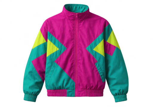 Vibrant 90s geometric windbreaker jacket, isolated on transparent.