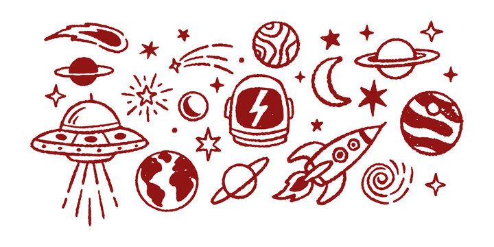 Hand drawn space theme vector illustration set with UFOs, rockets, planets, stars, comets, and astronauts in a doodle art style.