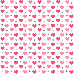 Seamless pink, red and gray heart pattern on white background. Cute romantic design for Valentine’s Day, kids decor, greeting cards, scrapbooking, wrapping paper and digital projects.