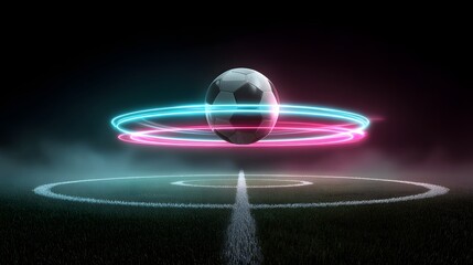 Dynamic soccer ball surrounded by neon lights on a dark field evokes energy and excitement for sports advertising and modern gaming concepts