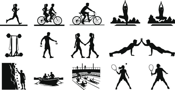 fitness, sport, silhouette, posture, motion, cycle, swim, climb, yoga, tennis, pushup, walk, gear, iconv - Powered by Adobe