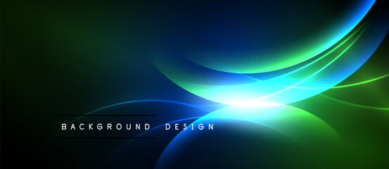 Abstract background features vibrant blue, green hues. Dynamic curves create luminous effect, modern design element.