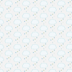 Seamless pastel pattern of cute clouds with hanging heart “raindrops” in blue and sage on white. Ideal for baby shower decor, nursery wallpaper, kids fabric, gift wrap and stationery.
