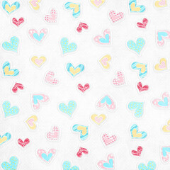 Seamless pastel heart pattern on white. Pink, turquoise and yellow doodle hearts with stitched sticker look. Cute Valentine background for kids, wrapping, scrapbook paper, fabric, cards.